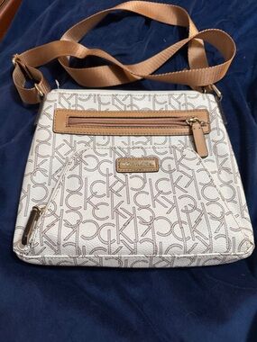 Calvin Klein Cream Logo Crossbody Bag with Tan Strap